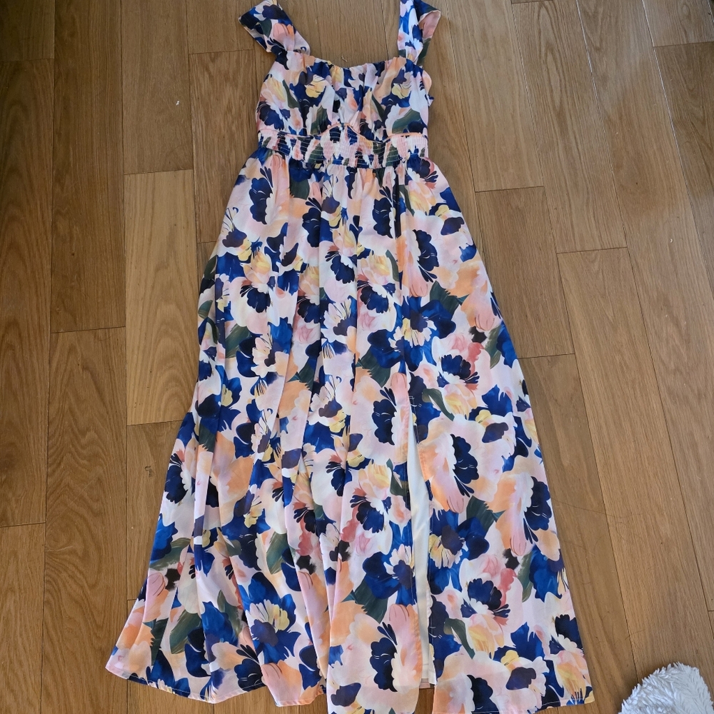 GRACE KARIN floral print flowy a-line off the shoulder maxi dress Blue White - Picture 2 of 4